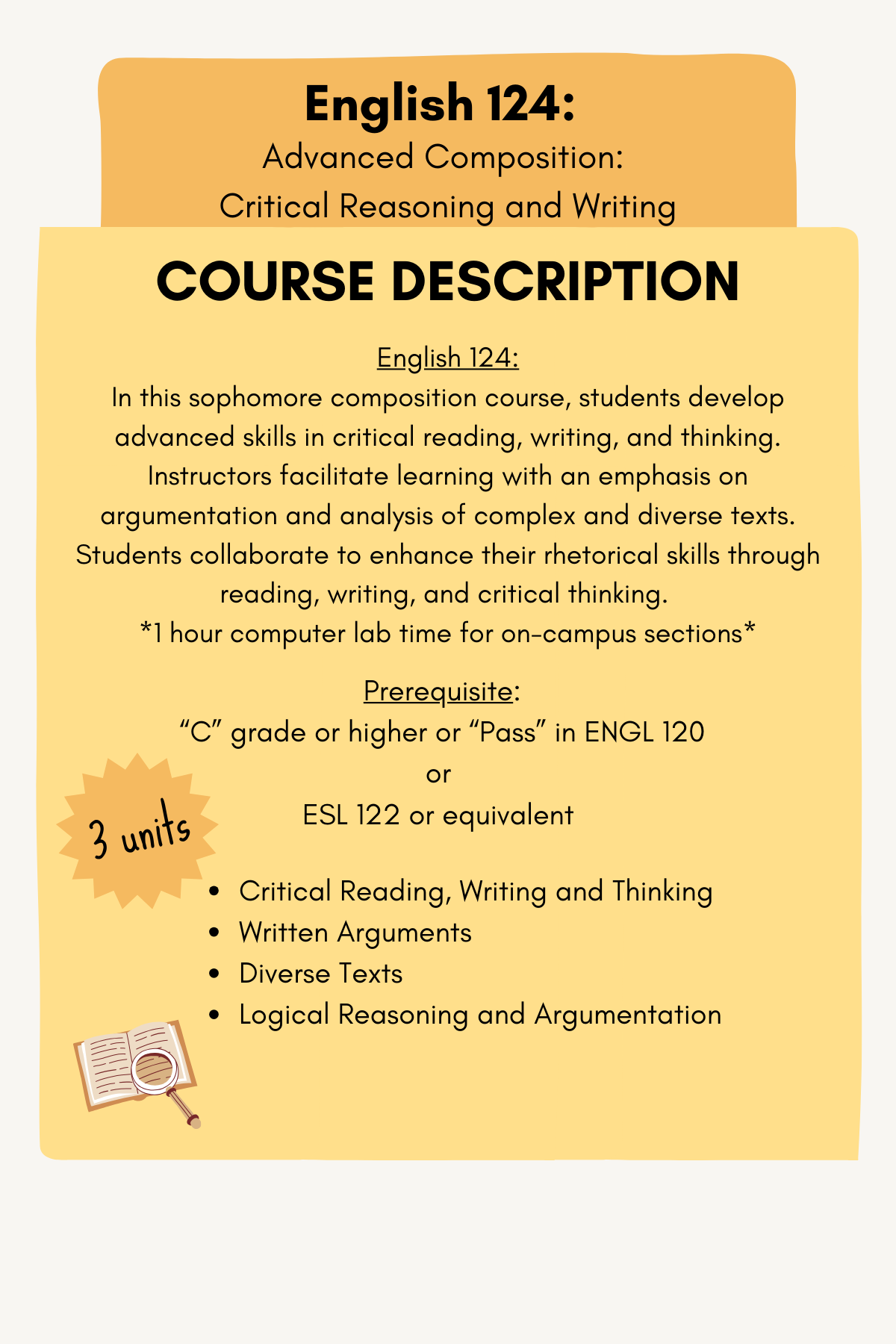 English 124 course description: Advanced Composition: Critical Reading and Writing course description. 3 units. One-hour embedded lab time for on campus courses. Prerequisite: “C” grade or higher or “Pass” in ENGL 120 or  ESL 122 or equivalent.