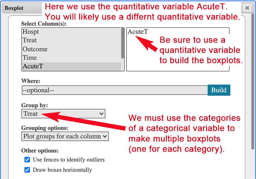 screenshot: StatCrunch boxplot dialogue box