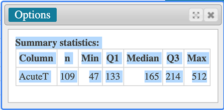 table in a StatCrunch output window - highlighted after selecting all